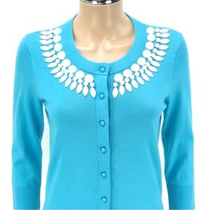 KATE SPADE Cardigan Sweater SIZE SMALL Aegean Blue White Embellished Knit Top
